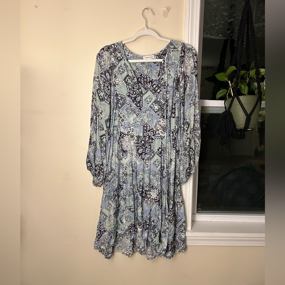 Calvin Klein Blue and White Long Sleeve Dress